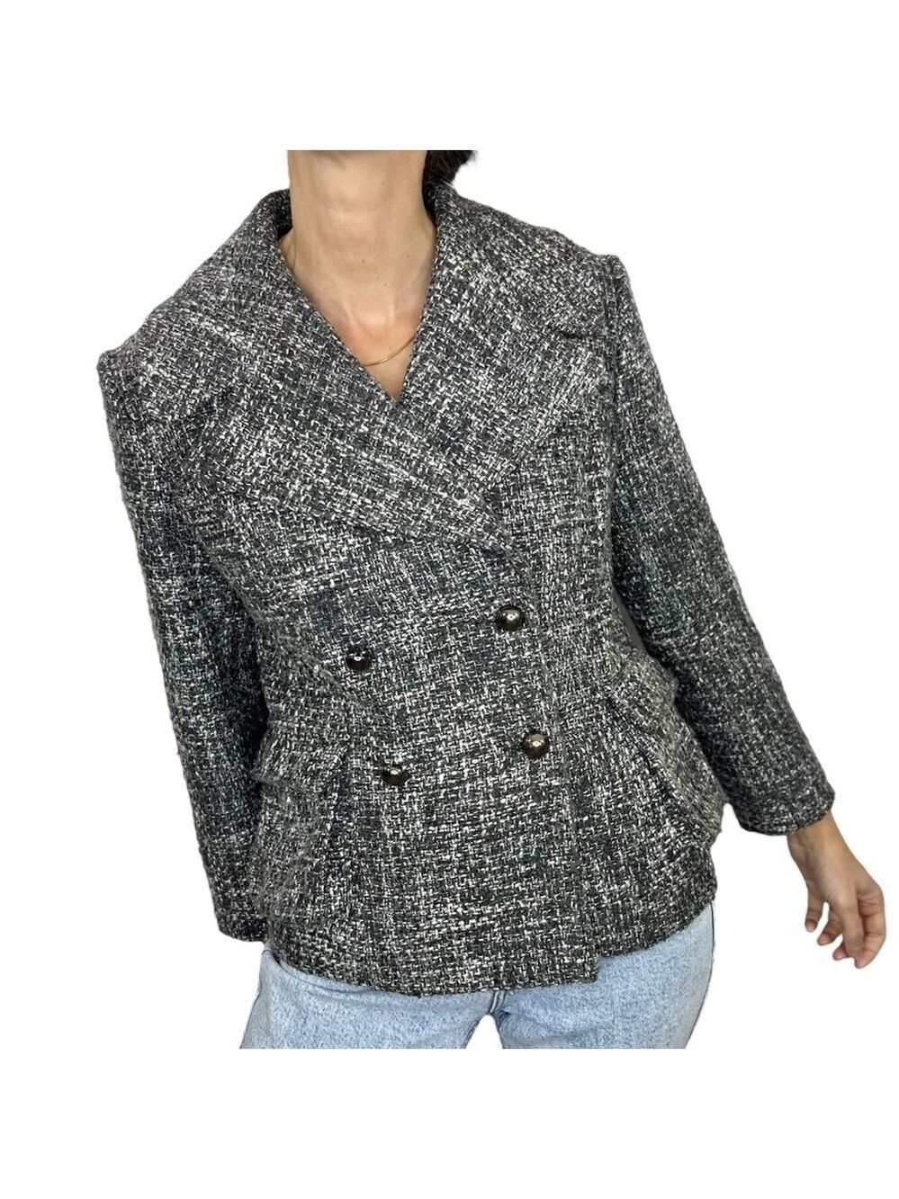 Preppy old money Mac & Jac grey wool blend tweed blazer jacket L